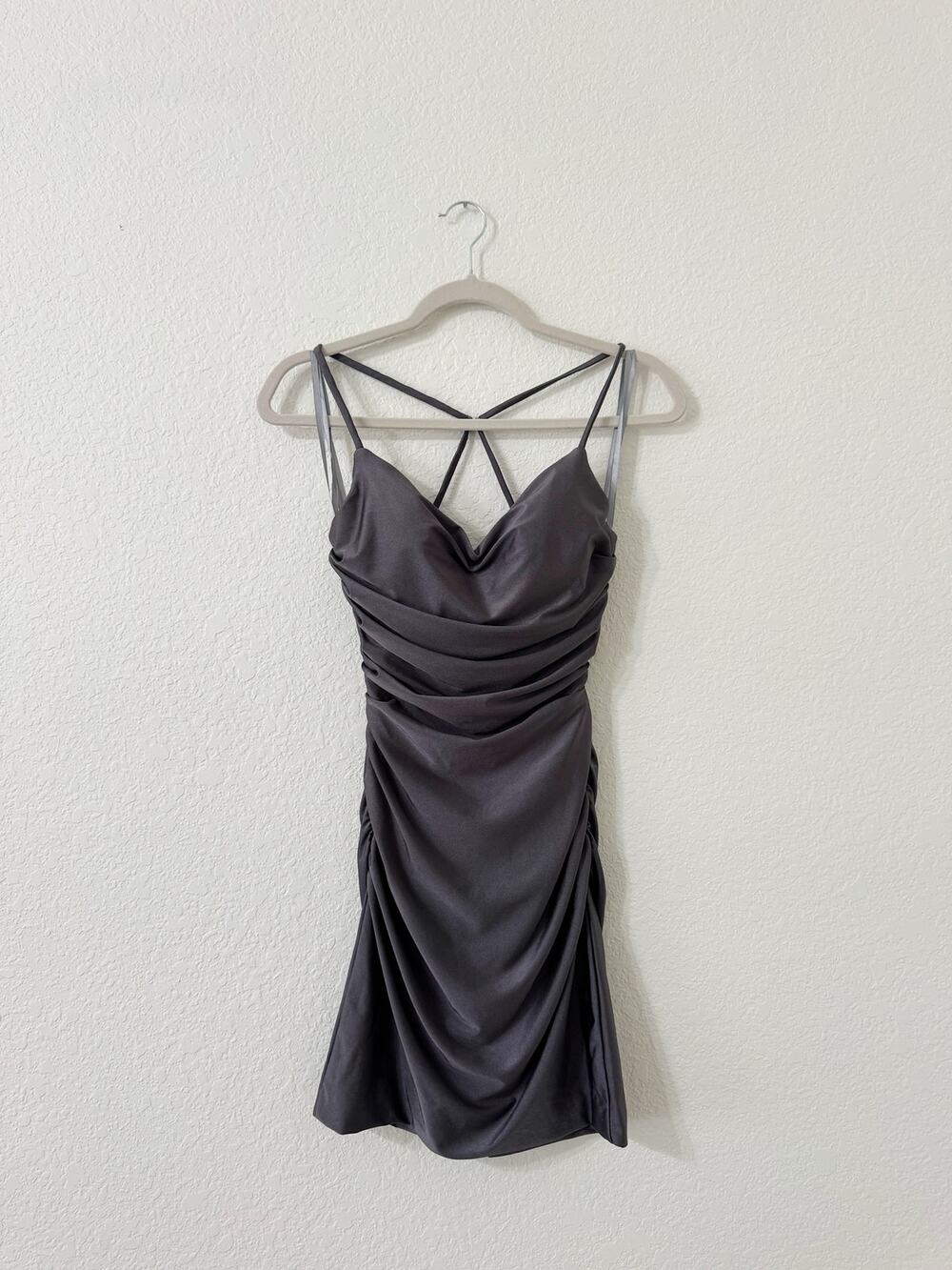 La Femme Gray Satin Ruched Open Back Mini Cocktail Dress Size 2